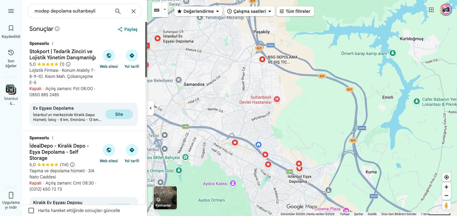 Google Haritalar araması — Modep listede yok